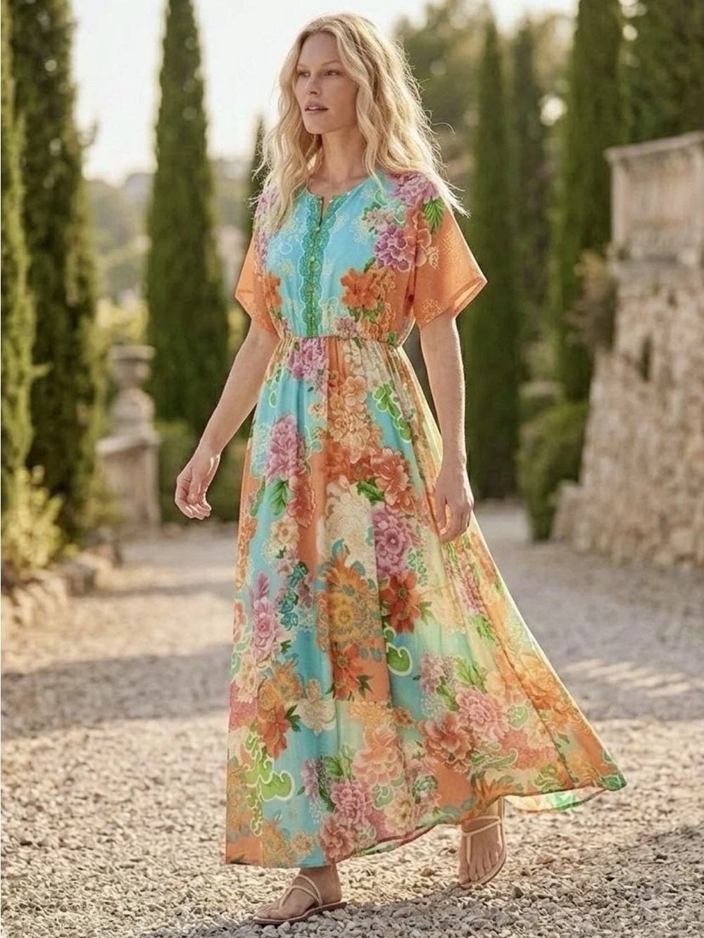 NWT Lia Edenia Scarf Print V-Neck Short Flutter Sleeve Maxi Dress